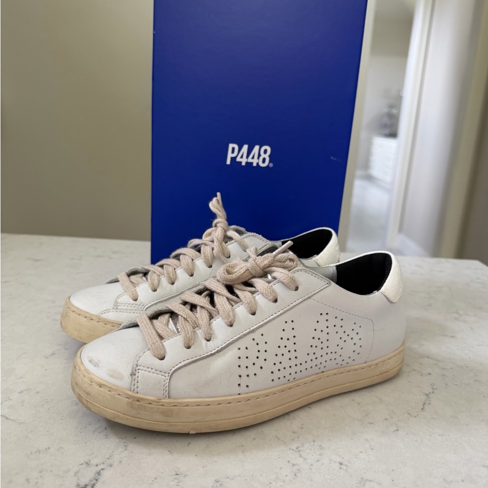 P448 White Leather Low-Top Sneakers with Beige Accents